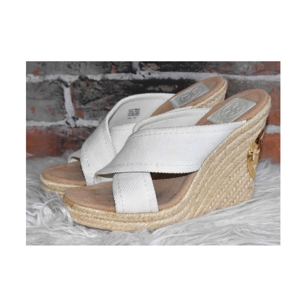 Tory Burch Shoes - TORY BURCH Espadrille Wedge Gold Decal Heels 7